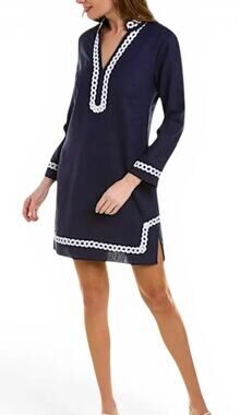 Sail to Sable Tuckernuck Classic Navy Blue Long Sleeve Dress Caftan Tunic Trim S